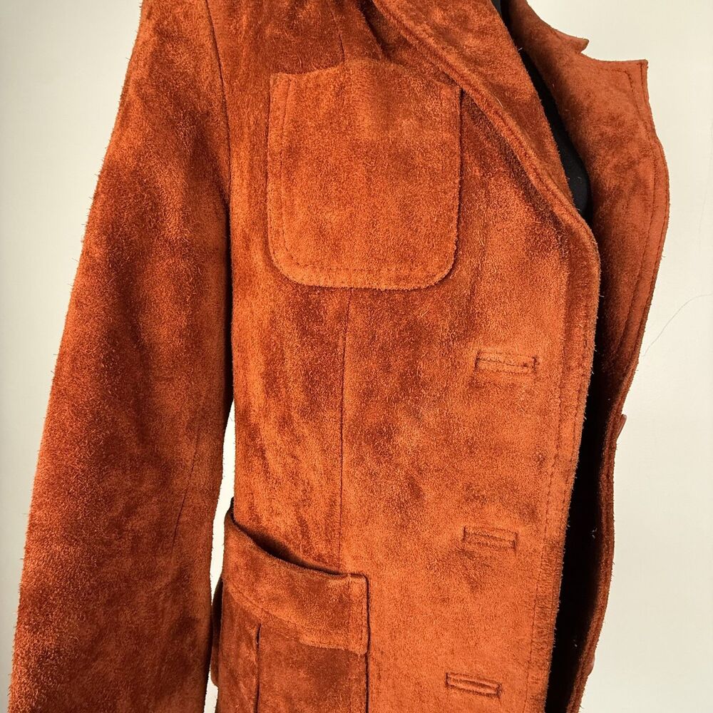 Vintage 70s Rust Orange Suede Leather Blazer Jacket Trappeur Korea - Picture 14 of 15
